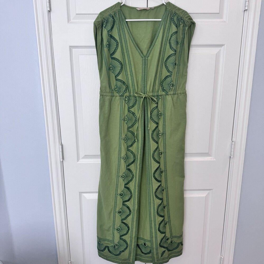 Soft Surroundings Ellison Linen Blend Green Embroidered Maxi Dress Women's L - Picture 2 of 7